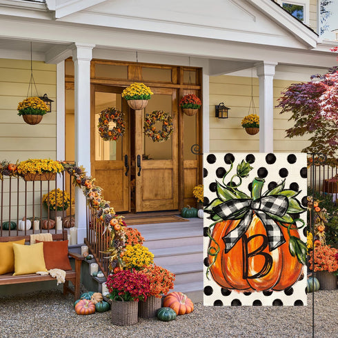 AVOIN colorlife Fall Monogram Letter B Garden Flag Polka Dot Pumpkin 12x18 Inch Double Sided Outside, Small Burlap Family Last Name Initial Yard D...
