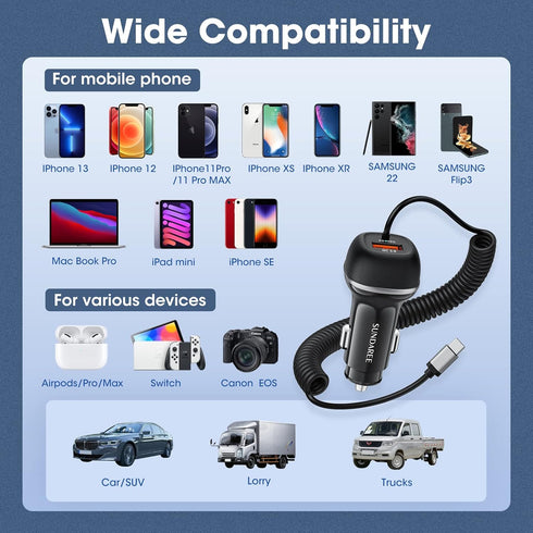 SUNDAREE USB C Car Charger, 51W Fast Car Charger Adapter+5ft Type C Cable for Samsung Galaxy S23 S22 S21 S20 S10 Note 20 A10E A20 A50 A51 A01 A71 ...