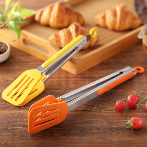 2PCS Kitchen Tongs, OHOLA Heat Resistant Silicone Tongs for Cooking, Extra Wide Silicone Tips, Pull Lock, 9 and 12 inch (Orange + Yellow)...
