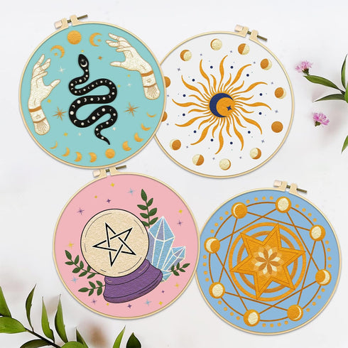 FREEBLOSS 4 Set Tarot Style Embroidery Kit for Beginners Cross Stitch Kit with Instructions Full Kit of Embroidery Cloth Embroidery Hoops 12 Color...