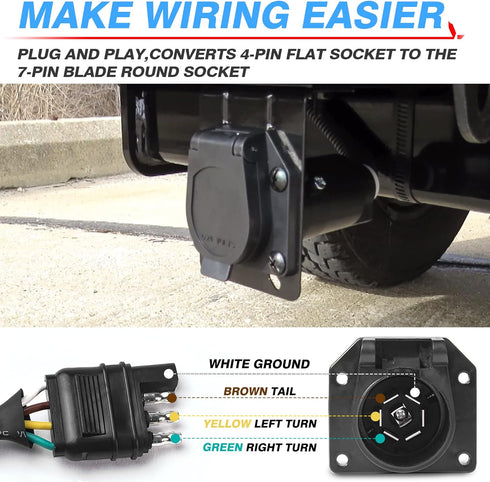 MICTUNING 4-Way Flat to 7-Way Round Blade Trailer Adapter Wiring Plug Connector with Mounting Bracket...