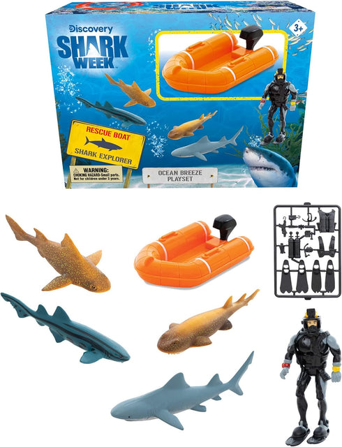 Shark Week Discovery Ocean Breeze Playset, Rescue Boat, Action Figure Diver, Realistic Shark Toy Set, Birthday Party Favors for Kids...