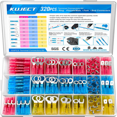 Kuject 320 PCS Heat Shrink Wire Connectors, Multipurpose Waterproof Electrical Wire Terminals kit, Insulated Crimp Connectors Ring Fork Spade Butt...