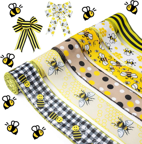 Bee Ribbons 6 Rolls Bumble Bee Ribbon Wired Bees Crafts 2.5 Inch 40 Yards Spring Summer Ribbon Yellow Stripe Gingham Dot Honey Bee Ribbon for Wrap...