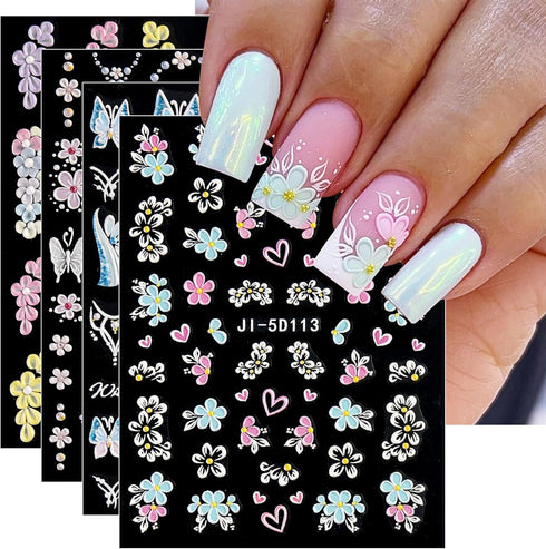 JMEOWIO 3D Embossed Flower Nail Art Stickers Decals Self-Adhesive Pegatinas Uñas 5D Spring Summer Floral Heart Nail Supplies Nail Art Design Decor...