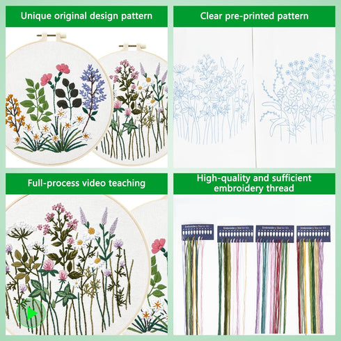 Enkor 4 Sets Embroidery Kit for Beginners Adults, Beginner Embroidery Kit for Adults, Floral Embroidery kit,Embroidery Kit for Beginners Flowers F...