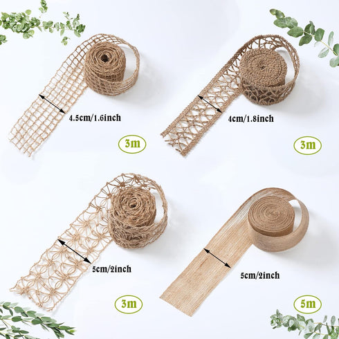 4 Rolls Burlap Ribbon Natural Jute Burlap Lace Ribbon Mesh Burlap Ribbon Weeding Ribbon Trim Craft Wrapping Ribbon for Holiday Party DIY Handmade ...