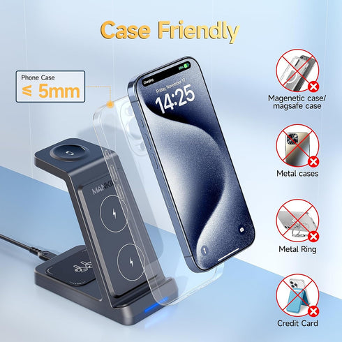 3 in 1 Charging Station for iPhone, Wireless Charger for iPhone 15/14/13/12/11 X Pro Max & Apple Watch - Wireless Charging Station for AirPods Pro...
