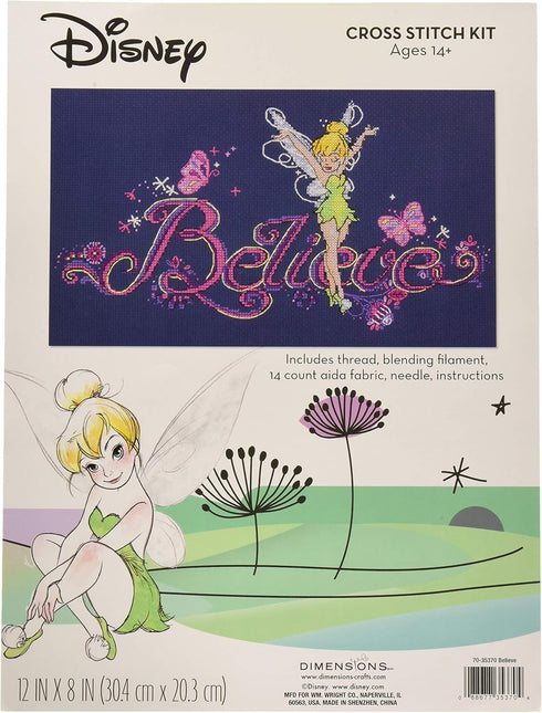 Dimensions Disney's Tinker Bell 'Believe' Counted Cross Stitch Kit for Beginners, 14 Count Navy Aida Cloth, 12'' x 8''...