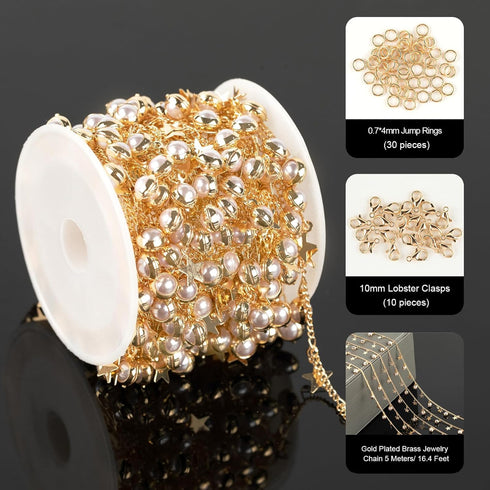 YOUBEIYEE 16.4 Feet Gold Plated Chain for Jewelry Making Dangle Star Pearl Jewelry Chain Roll Women Necklace Anklet DIY Jewelry Supplies...