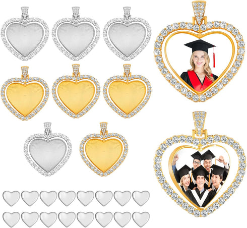 Hicarer 24 Pcs Rhinestone Pendant Trays Set Including 8 Heart Shape Double Sided Blank Pendant Charms with 16 Glass Domes Blank Discs Necklaces Ha...