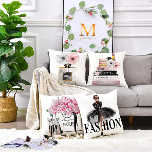 Set of 4 Pink Throw Pillow Covers 18x18 Fashion Cute Decorative Pillow Covers Bed Sofa Couch Pillow Covers Pink Flower Gold Perfume Lipstick Paris...