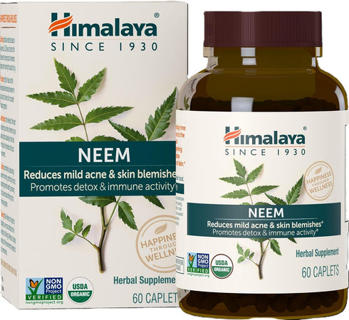 Himalaya Organic Neem Herbal Supplement, for Mild Acne & Clear Skin, Purifying, Ayurvedic, USDA Certified Organic, Non-GMO, Vegan, 600 mg, 60 Plan...