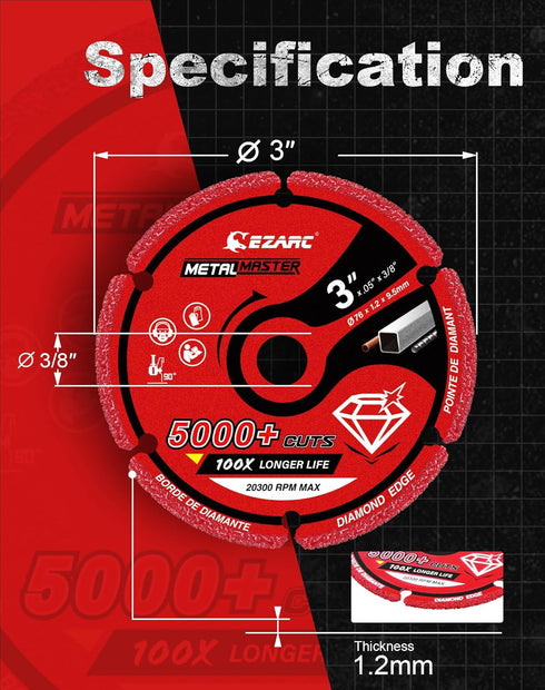 EZARC Diamond Cutting Wheel 3 x 3/8 Inch for Metal, Cut Off Wheel with 5000+ Cuts on Rebar, Steel, Iron and INOX...