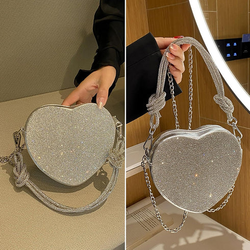 Evening Bag for Women, Silver Clutch Purse Heart Shaped Purse Crossbody Bag Shoulder Handbag Rhinestone Purse...