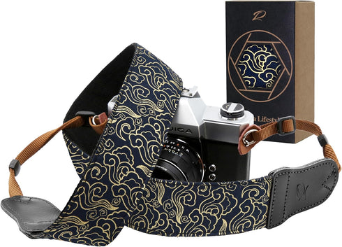 Padwa Lifestyle Camera Strap - 2" Wide with Double Layer Cowhide Head,Vintage Ukiyo E Style Auspicious Cloud Pure Cotton Camera Shoulder Straps,Ad...