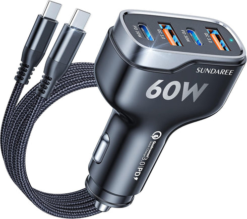 60W Fast Car Charger,SUNDAREE USB c Car Charger Fast Charging Cigarette Lighter Adapter, QC 3.0 18W & PD 30W Type c Car Charger with 3.3FT C to C ...
