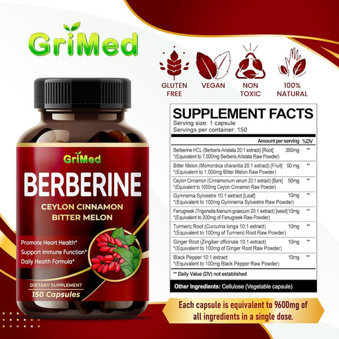 Berberine Supplement 9,500mg with Ceylon Cinnamon Bitter Melon Supports Healthy Immune System - Made in The USA...