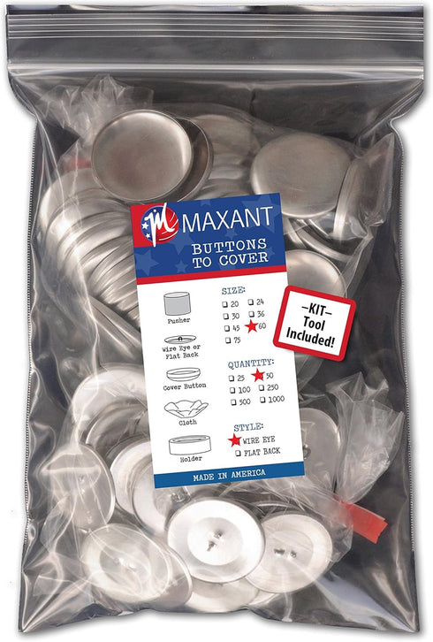 50 Buttons to Cover - Made in USA - Self Cover Buttons with Wire Eyes - size 60 with Tool...
