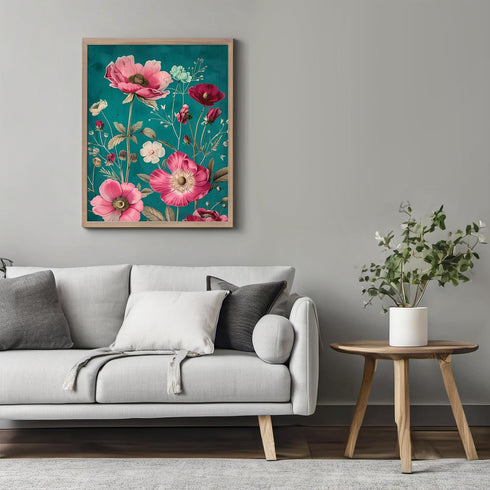Posterizer 1 pcs-dainty pretty pink flowers with blue background-Floral & Botanical Art-Abstract & Modern Art-Decor for Home & Office- UNFRAMED Wa...