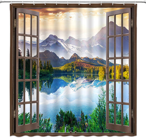 AMFD Mountain Shower Curtain Nature Lake Forest Scenery Wilderness Sunrise Landscape Through Brown Window Picture Art Print Fabric Bathroom Decor ...