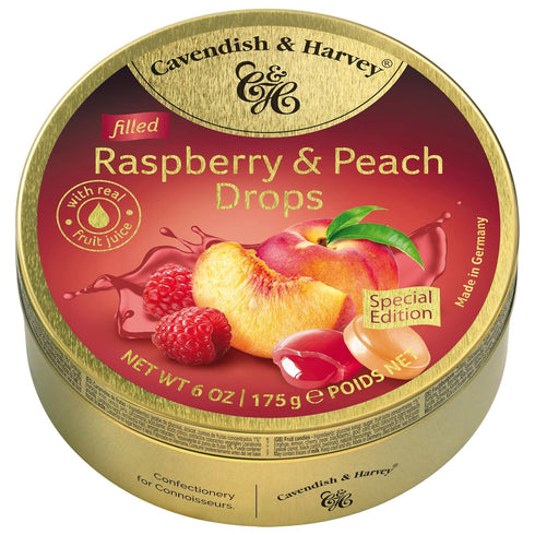 Cavendish & Harvey | Raspberry & Peach Filled Hard Candy Drops | 6 Ounce Tin...