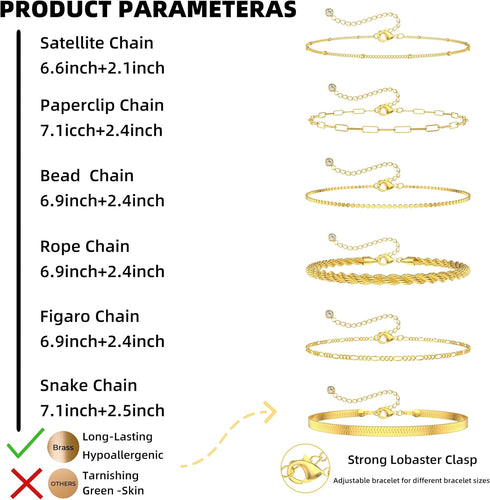 Gold Bracelets for Women 14k Real Gold Plated Dainty Bracelet Stack Set for Women Trendy Cuban Paperclip Link Snake Rope Figaro Chain Cute Stackab...