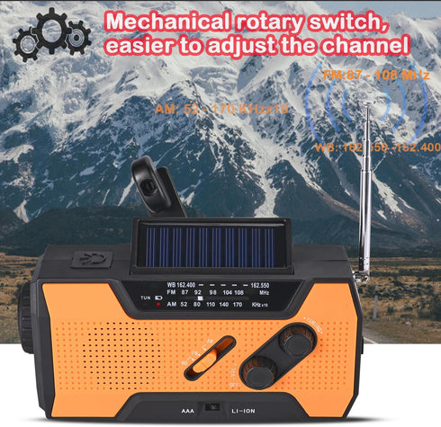 Emergency Weather Radio, Hand Crank, Portable, Solar Charging, with AM/FM/NOAA, LED Flashlights, Reading Lamp, SOS Alarm, Rechargeable (WB02 Yello...