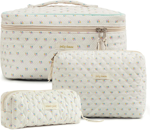 HBselect 3 PCS Quilted Makeup Bag, Cotton Large Travel Makeup Bag, Cute Floral Coquette Make up Bag Cosmetic Bag Toiletry Bag for Women Girls...
