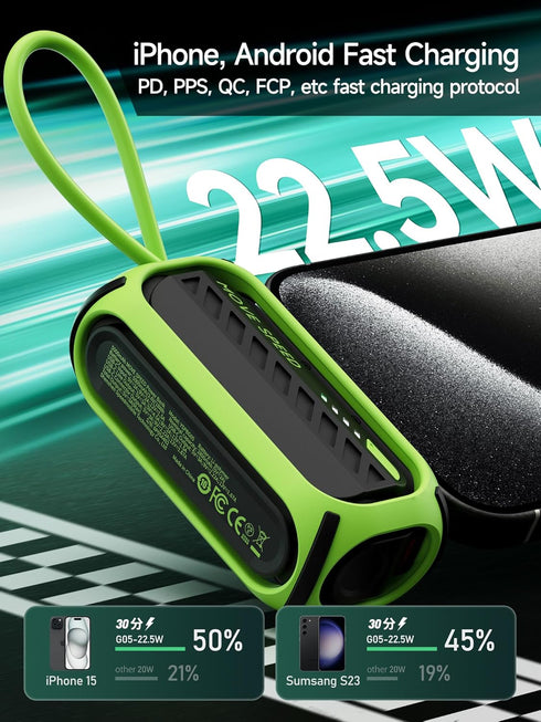 MOVE SPEED Portable Charger 5000mAh, PD 20W & QC 22.5W Fast Charging, Foldable Type-C Plug, with Built-in Cable, 18W Input, Power Bank Compatible ...