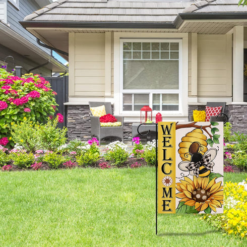 Welcome Spring Summer Bumble Bee Sunflower Decorative Garden Flag, Flower Honeycomb Yard Outside Decorations, Buffalo Plaid Bow Burlap Farmhouse O...