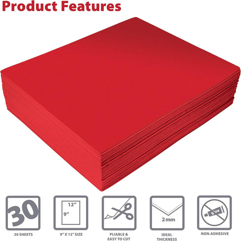 Better Office Products Red EVA Foam Sheets, 30 Pack, 2mm Thick, 9 x 12 Inch, Red Color, for Arts and Crafts, 30 Sheets Bulk Pack...