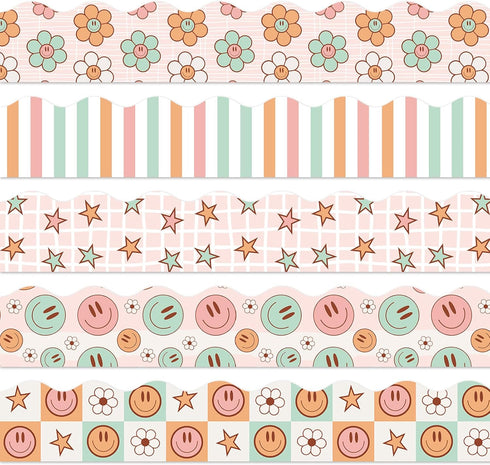 Whaline 69Ft Retro Groovy 70s Bulletin Board Borders Pastel Boho Flower Smile Face Checkered Star Self-Adhesive Trim Border for School Classroom O...