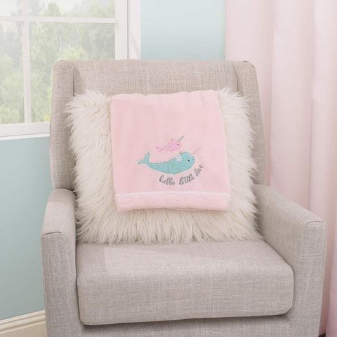 NoJo Under The Sea Whimsy Pink and Blue Narwhals Super Soft Appliqued Baby Blanket...