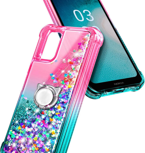 NZND Compatible with Nokia C300 (N155DL) Case, Nokia G100 (N150DL) with Tempered Glass Screen Protector, Ring Holder/Wrist Strap, Glitter Liquid F...