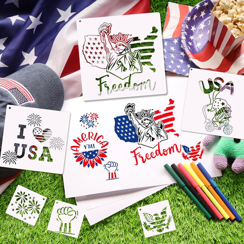Patriotic Stencils for Painting, 28 PCS 4th of July Reusable Stencil Templates for Cookie Cake Scrapbooking Wood Drawing, American Independence Da...