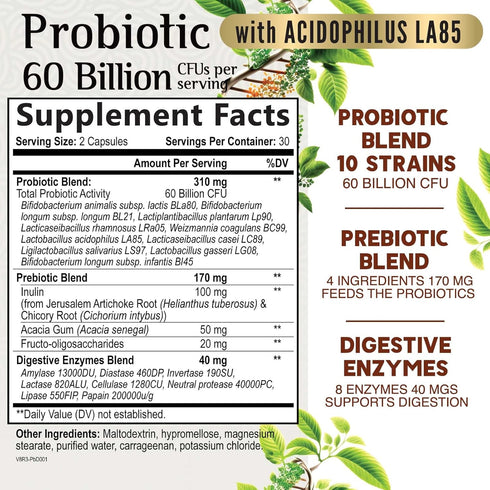 Probiotics 60 Billion CFU - 10 Probiotic Strains, Prebiotics, & Digestive Enzymes - Immune, Digestive & Gut Health - Supports Bowel Frequency & Re...