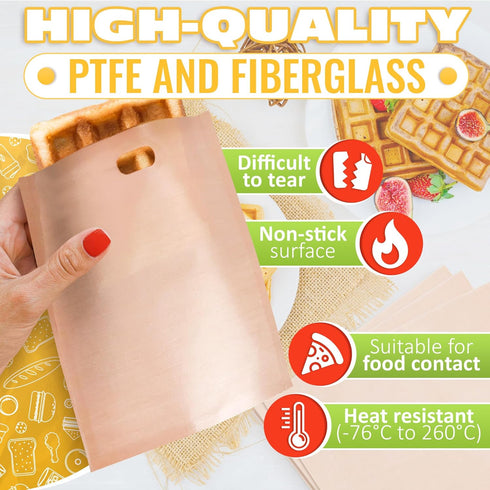 12Pcs Non-Stick Toaster Bags Reusable – 6.7"x7.5" Grilled Cheese Bags, Heat-Resistant & Easy to Clean | Mess-Free Toasting, Sandwiches, Panini & M...