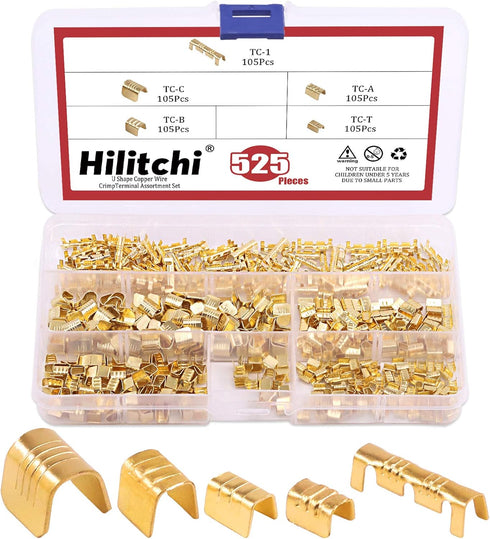 Hilitchi 525Pcs TC-1, TC-A, TC-B, TC-C, TC-T Non-Insulated U Shape Copper Ring Terminals Crimp Assortment Kit Wire Spade Electric Butt Connector...