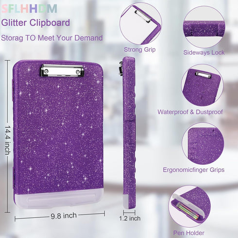 Glitter Clipboard with Storage,Storage Clipboard with Pen Holder,A4 Binder Clip Boards 8.5x11 with Low Profile Clip,Side Opening Sparkle Clipboard...