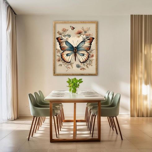 Posterizer 1 pcs- Blue and orange butterfy with wild flowers-Art for Animal Lovers-Floral Botanical Art- Gift for Men Women Teens-Living Room Bedr...