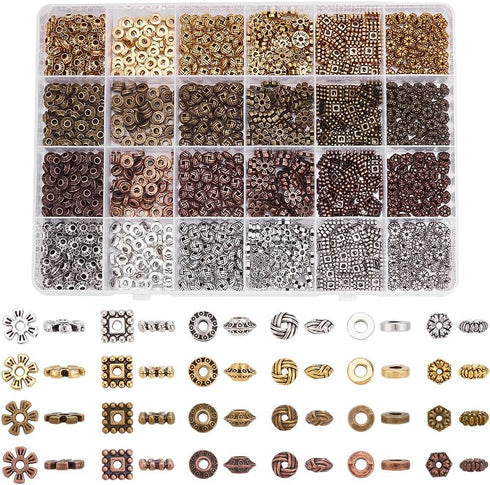 PH PandaHall 1200pcs 6 Styles Spacer Beads, 4 Colors Tibetan Flower Bicone Rondelle Beads Antique Alloy Spacers Beads Square Loose Beads for Brace...
