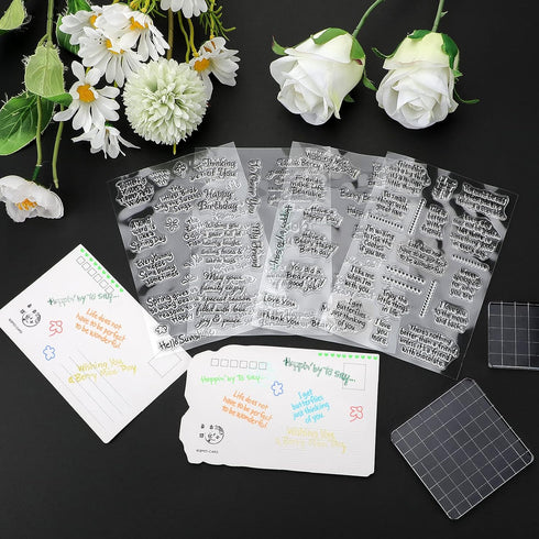 4 Set Words Clear Stamp 2 Pieces Acrylic Stamp Block Sentiments Silicone Stamp Cards Clear Stamping Tools Set Acrylic Block with Grid Lines Decora...
