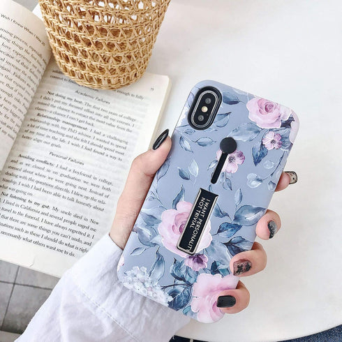 Compatible with iPhone X/XS Case Finger Grip,3D Embossed Pink Flowers White Shell Design,Rugged Shockproof Slim Fit Dual Layer Finger Ring Loop St...