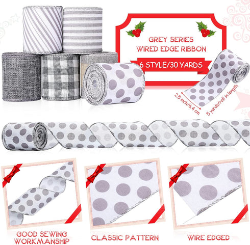 6 Rolls 30 Yards Farmhouse Wired Ribbon 2.5 inch Candy Cane Striped Polka Dot Buffalo Plaid Craft Ribbon for Wreaths Party Decorations(Gray)...