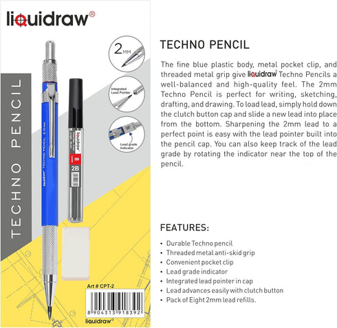 Mechanical Clutch Pencil 2mm With 8 x 2B Leads, Eraser & Integrated Sharpener For Architectural Technical Drawing Artists Architects Engineers Dra...