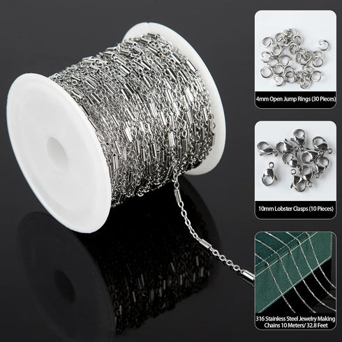 UMAOKANG 33 Feet 316 Stainless Steel Chain for Jewelry Making, Silver Tube Bar Curb Link Chain Bulk with Jump Rings Lobster Clasps for Necklace Br...