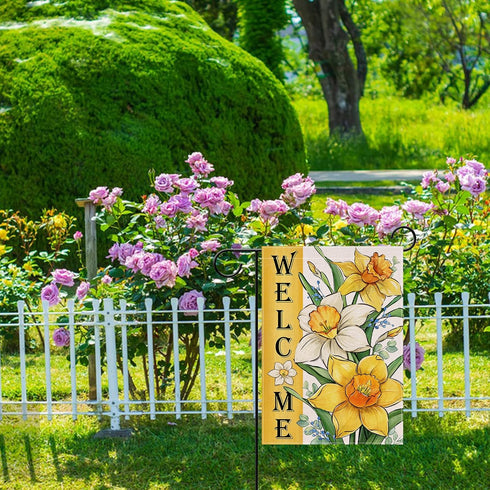 Welcome Spring Summer Floral Flower Small Decorative Garden Flag, Yellow Daffodil Eucalyptus Leaves Yard Lawn Outside Decor, Seasonal Burlap Outdo...