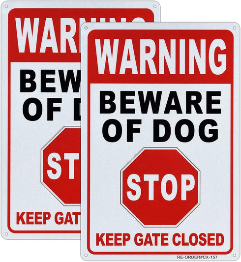 Beware of Dog Warning Sign 2 Pack, Dogs In Yard, Stop, Keep Gate Closed Sign, 12x8 Inch Rust Free Aluminum Metal, Beware of Dog Signs for Fence, E...