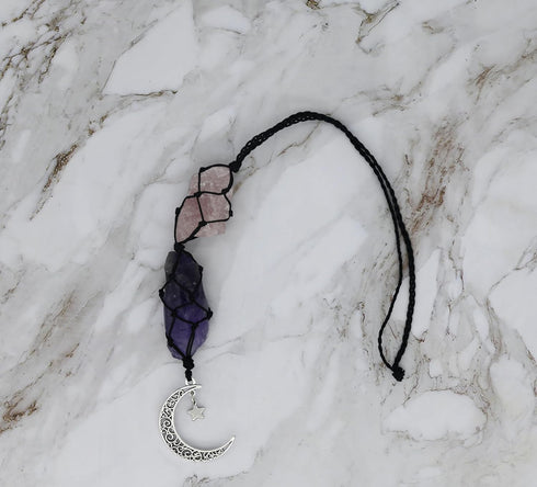 BOHO GARDEN Hanging Car Charm - 2-Pack Rose Quartz & Amethyst + Black Tourmaline & Blue Calcite - Dangling Moon & Healing Crystal Accessories, Rea...